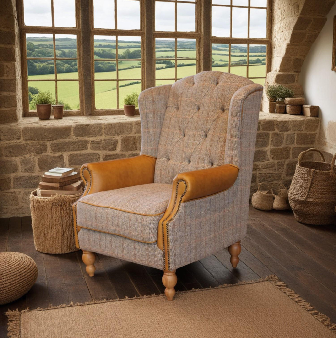 Westminster Wing Armchair in Harrington Tweed (Fellwood Lodge) and Tan Leather Trims