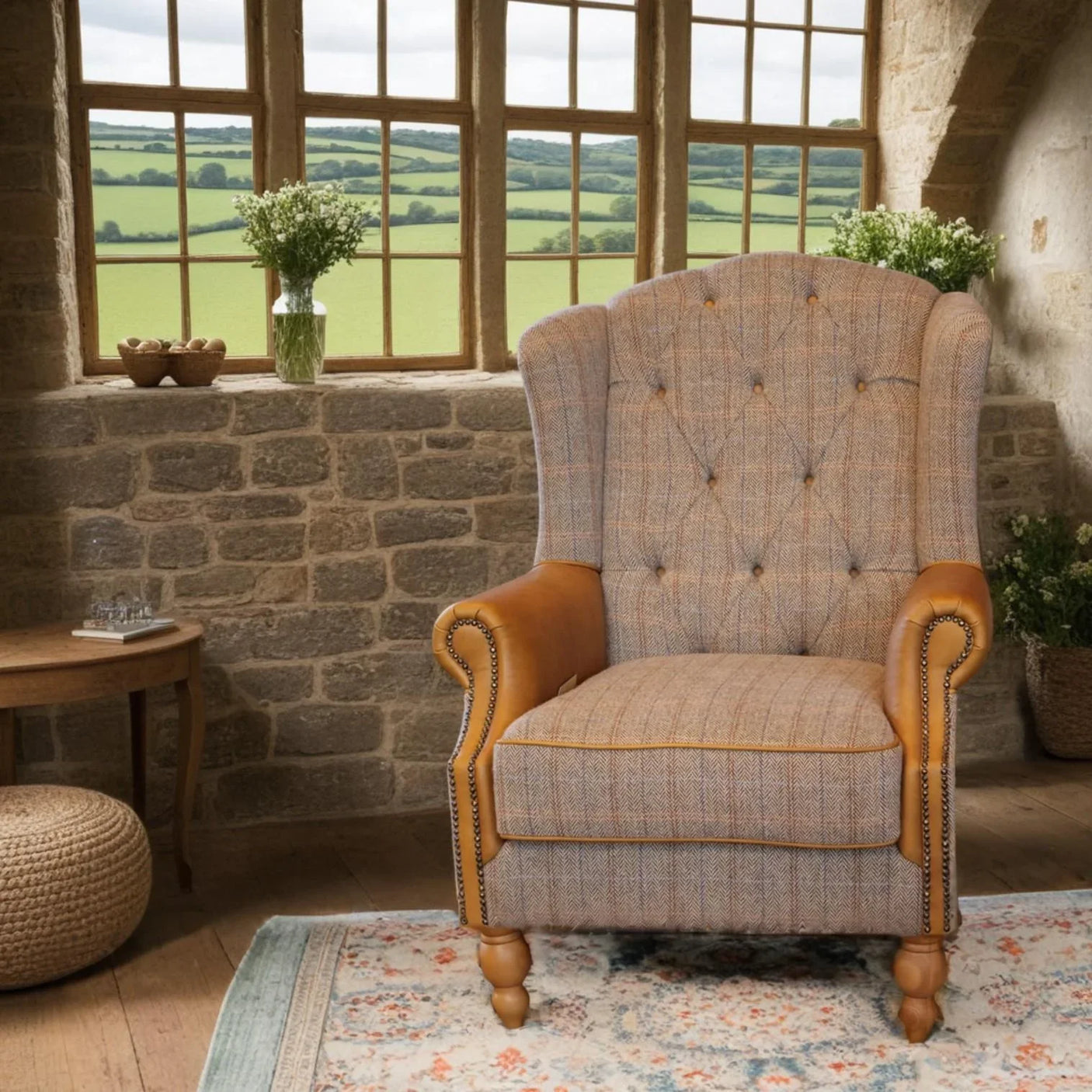 Westminster Wing Armchair in Harrington Tweed (Fellwood Lodge) and Tan Leather Trims
