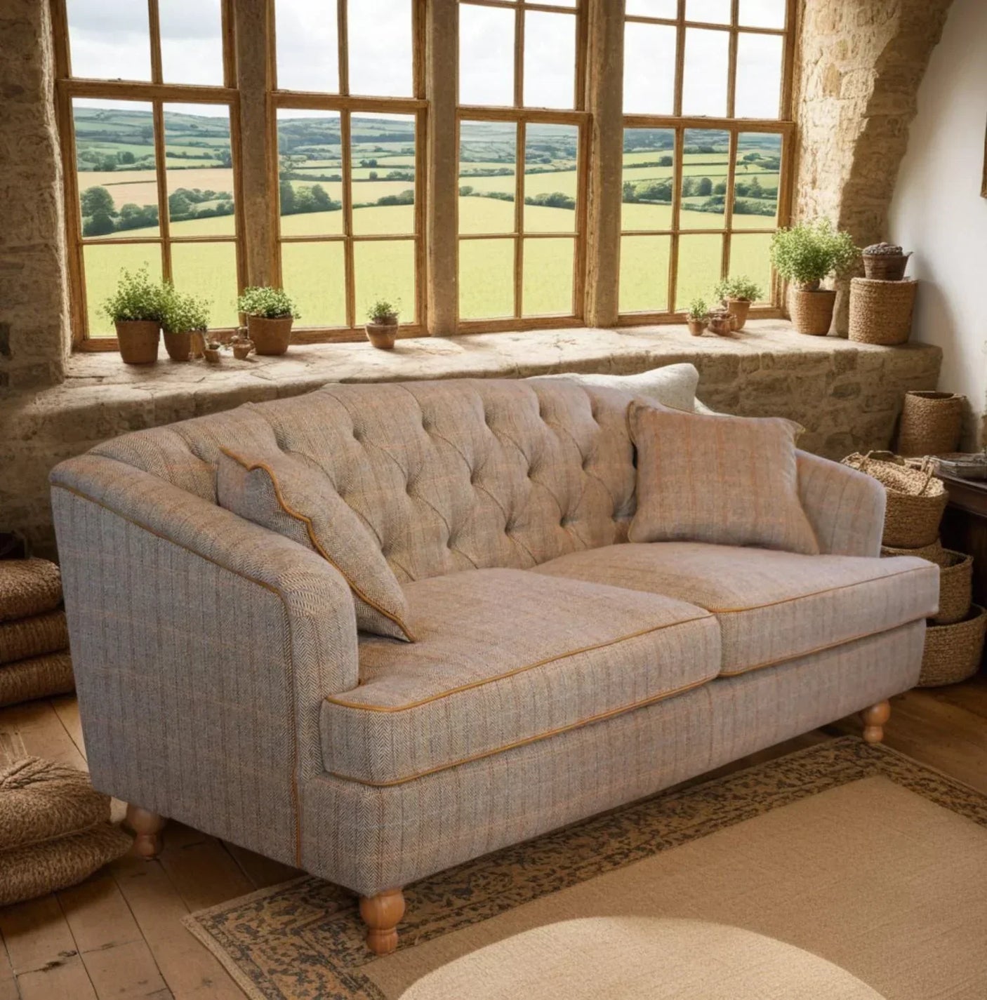 Grey fabric sofa with tufted back and wooden legs in a rustic living room with countryside view