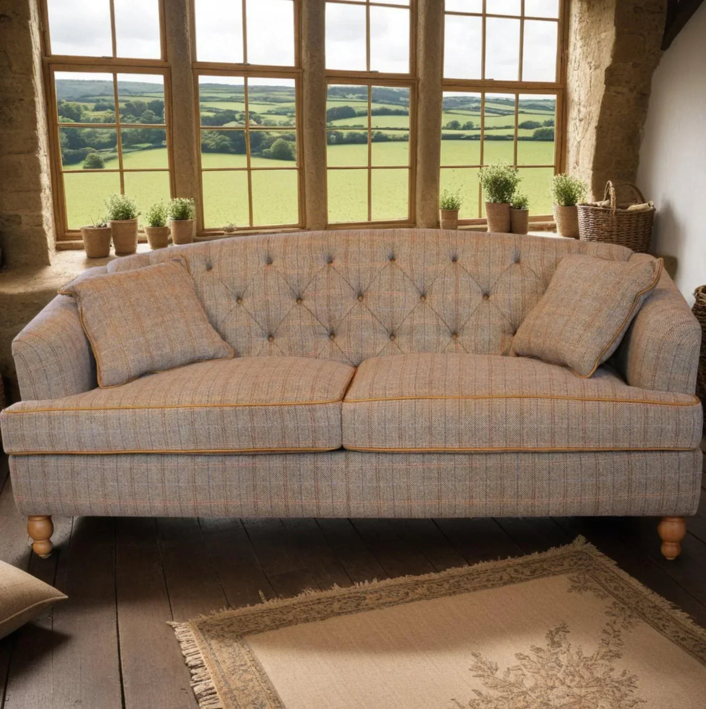 Button-tufted fabric sofa with plaid pattern and cushions in rustic living room setting