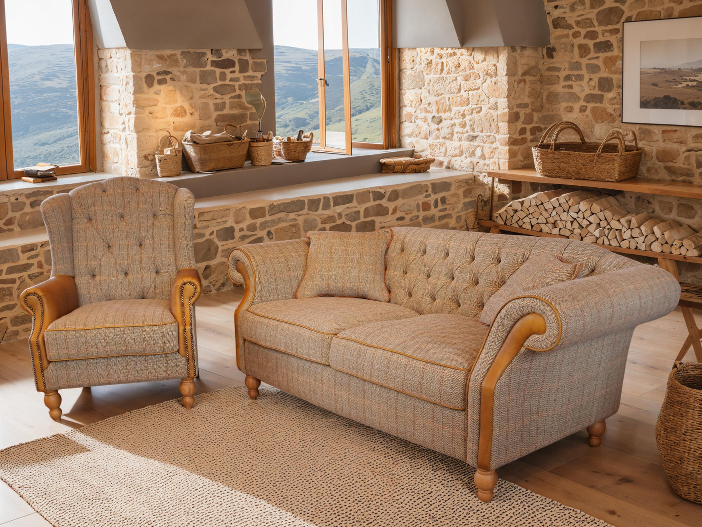 Neutral fabric sofa and armchair set with button tufting in rustic living room
