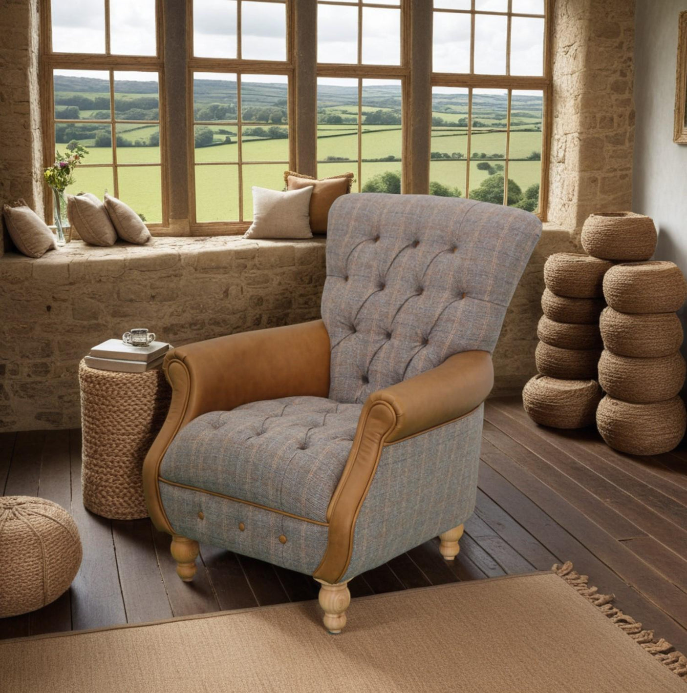 Westminster Armchair in Harrington Tweed (Fellwood Lodge) and Tan leather Trims