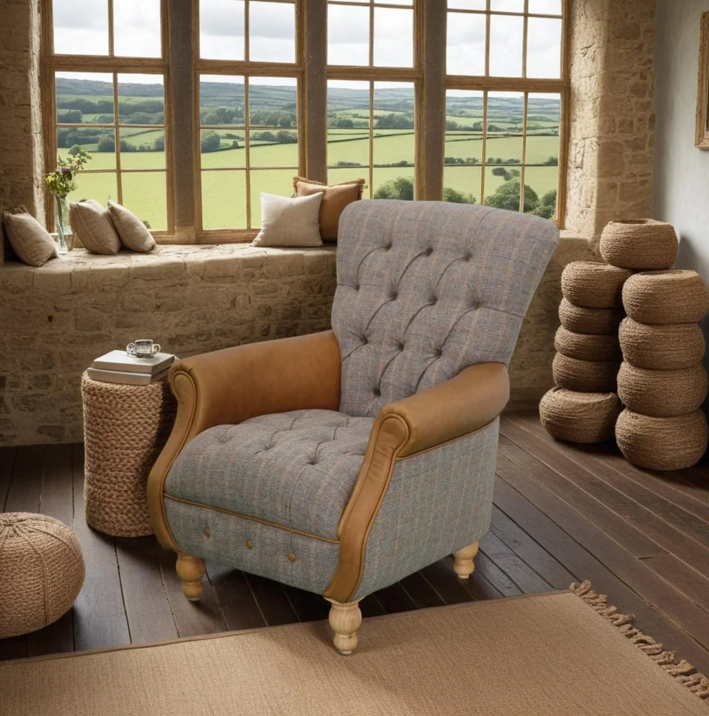 Tufted fabric armchair with leather accents in rustic living room with countryside view
