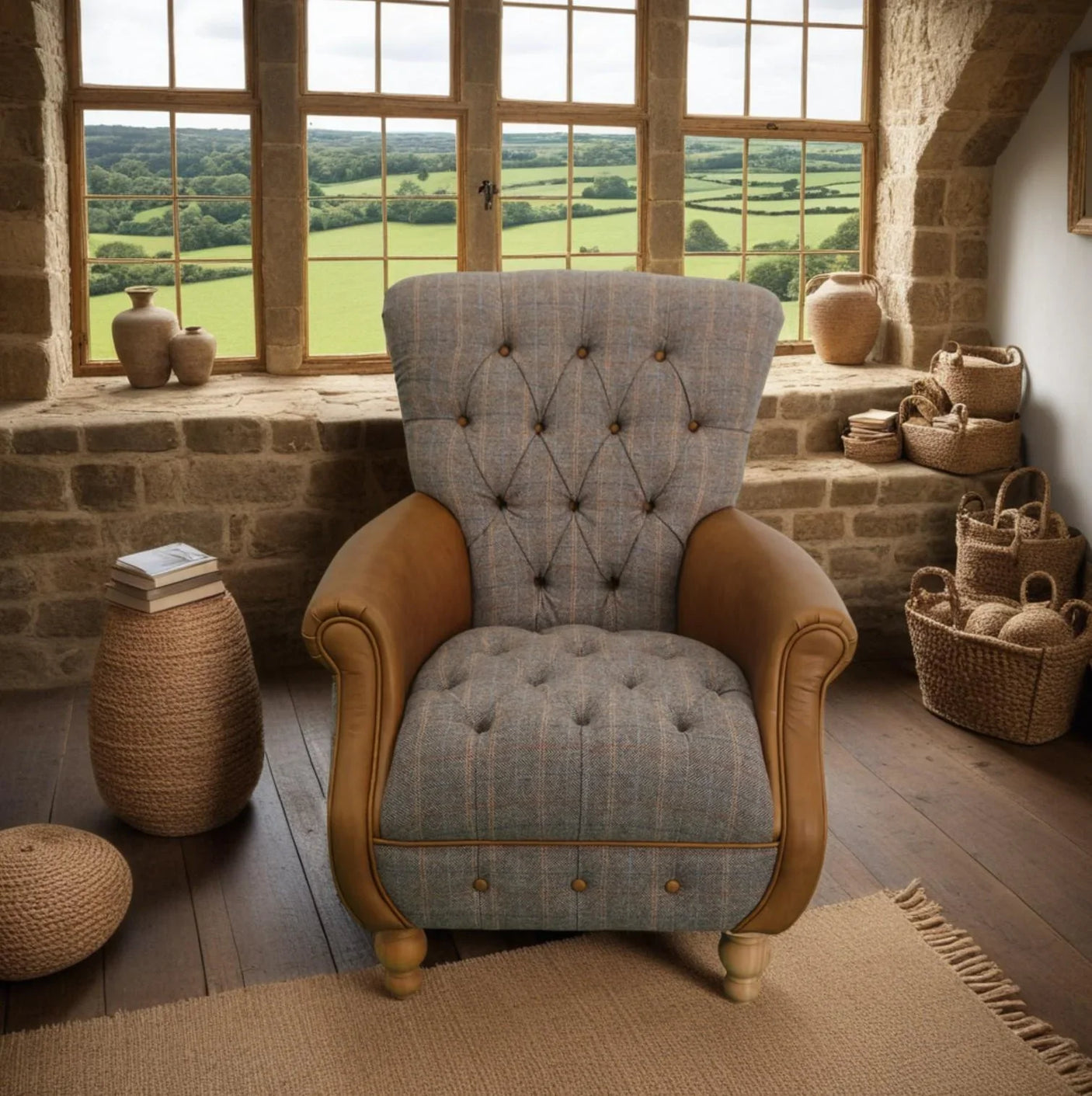 Westminster Armchair in Harrington Tweed (Fellwood Lodge) and Tan leather Trims