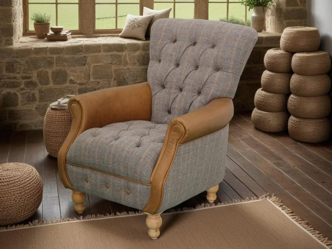 Tufted grey and tan accent armchair with wooden legs in rustic living room