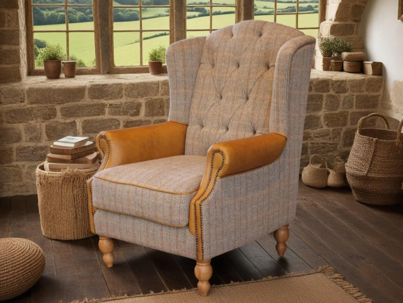 Westminster Wing Armchair in Harrington Tweed (Fellwood Lodge) and Tan Leather Trims