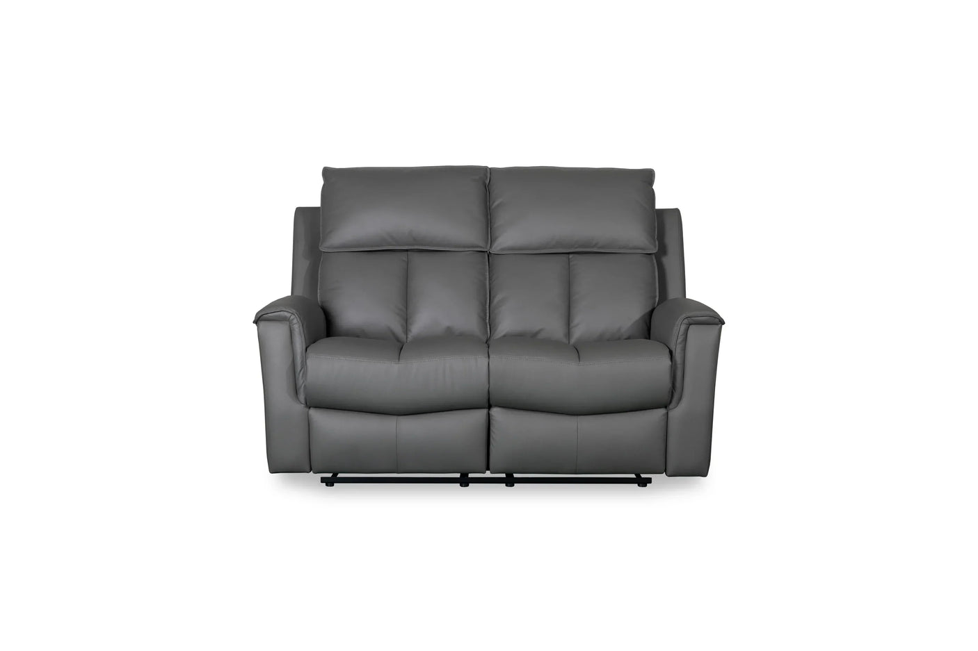 Grey leather two seater recliner sofa with padded backrest and armrests, front view