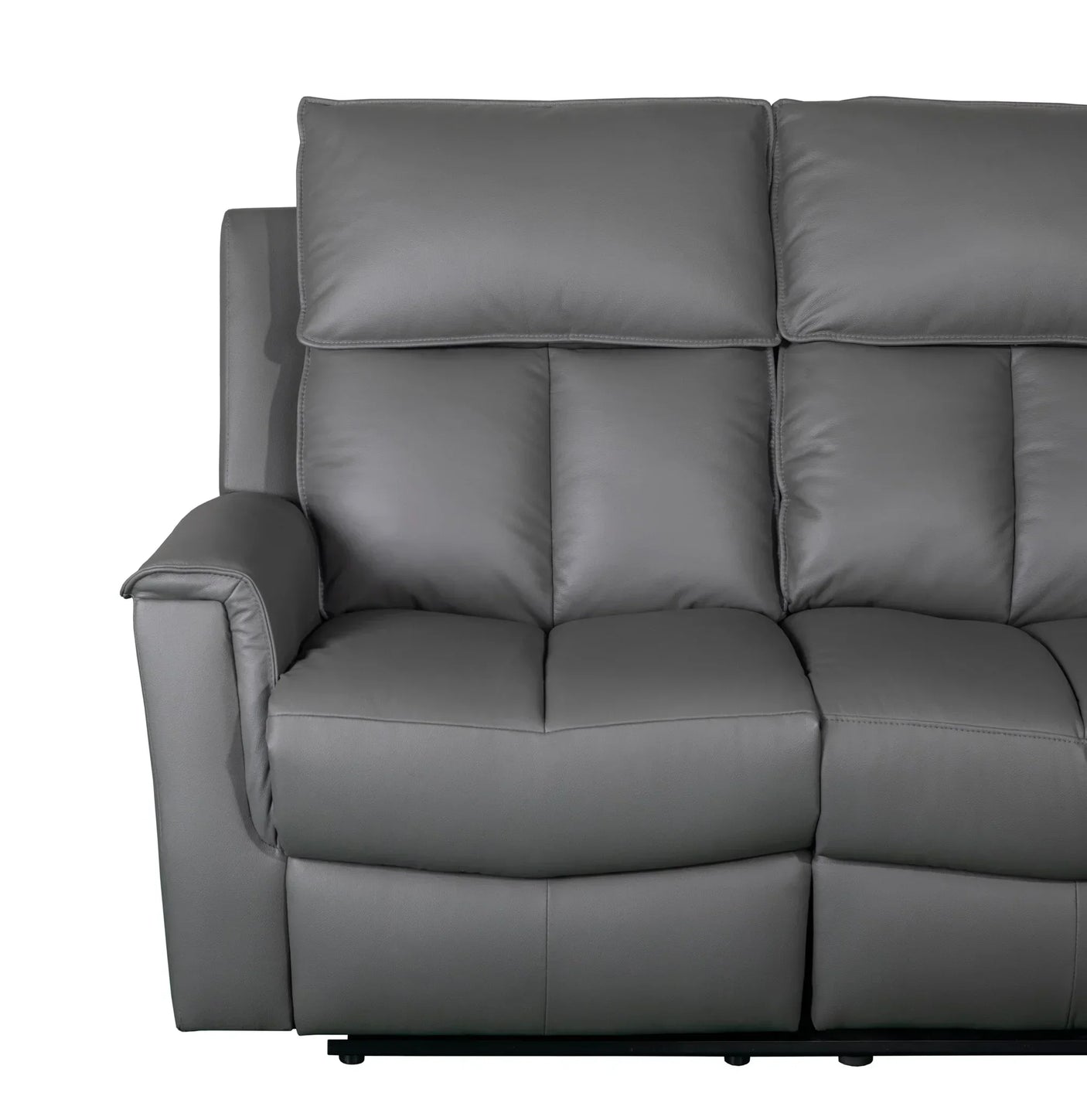 Grey leather recliner sofa with cushioned armrest and plush backrest, left side view