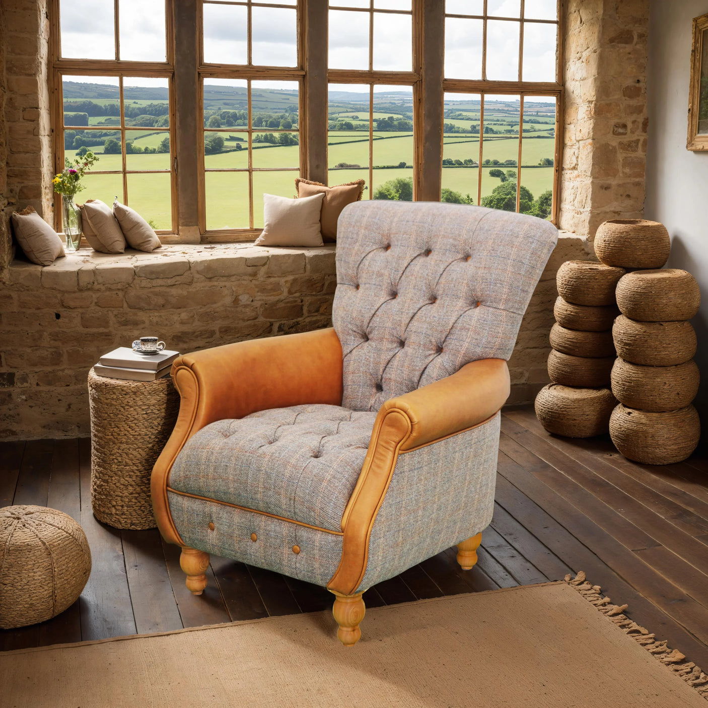Button-tufted accent armchair with tan leather arms in rustic living room