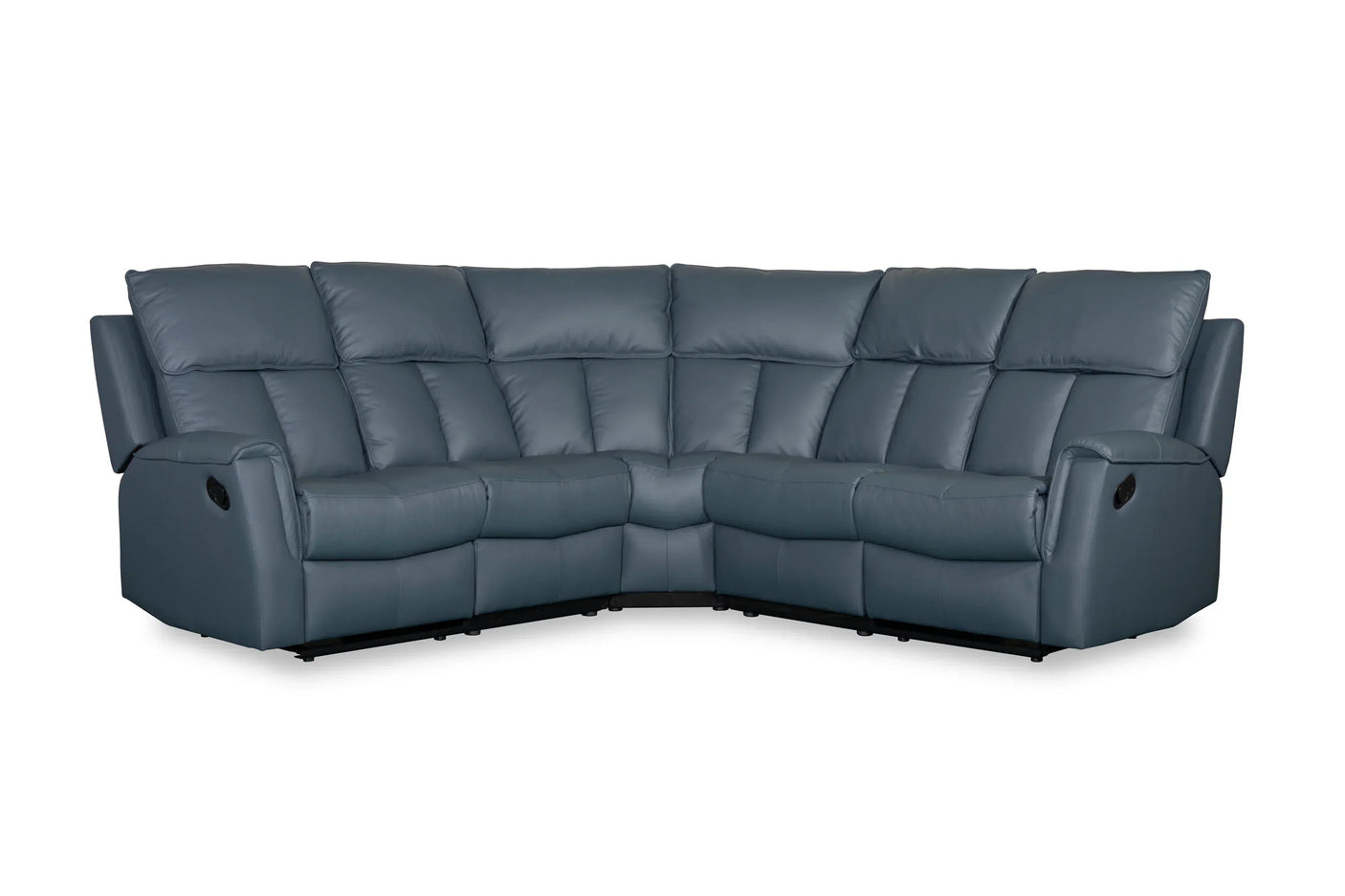 Blue leather corner sofa with reclining seats and padded backrests, front facing view