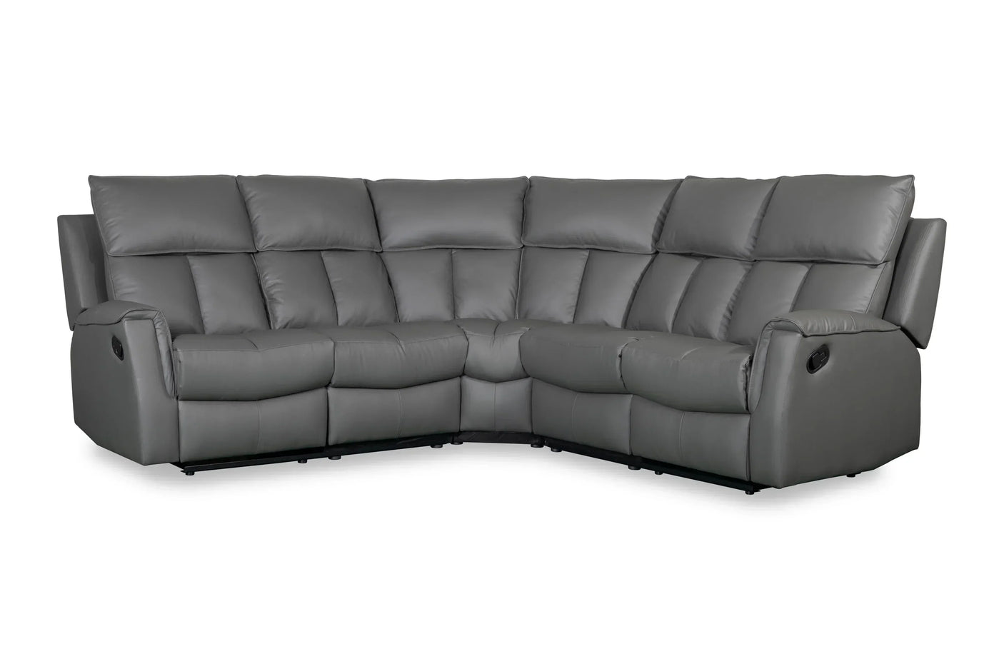 Grey leather corner recliner sofa with padded seats and high backrest, front view