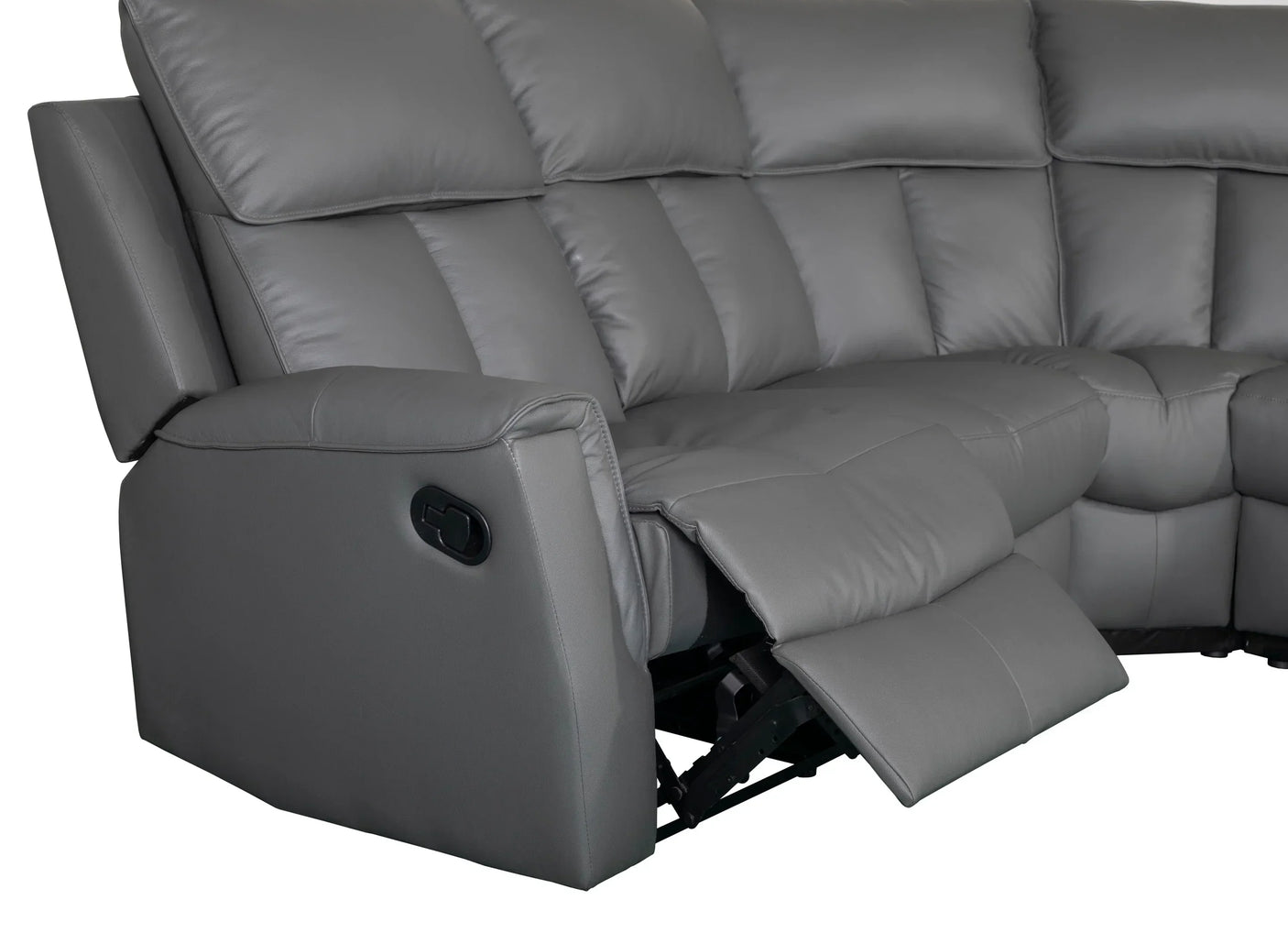 Grey leather recliner corner sofa with extended footrest and padded seats