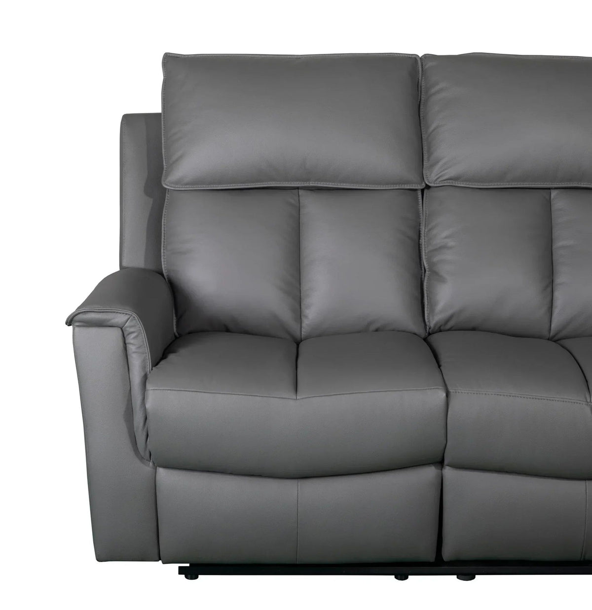 Close-up of grey leather reclining sofa seat, armrest and headrest