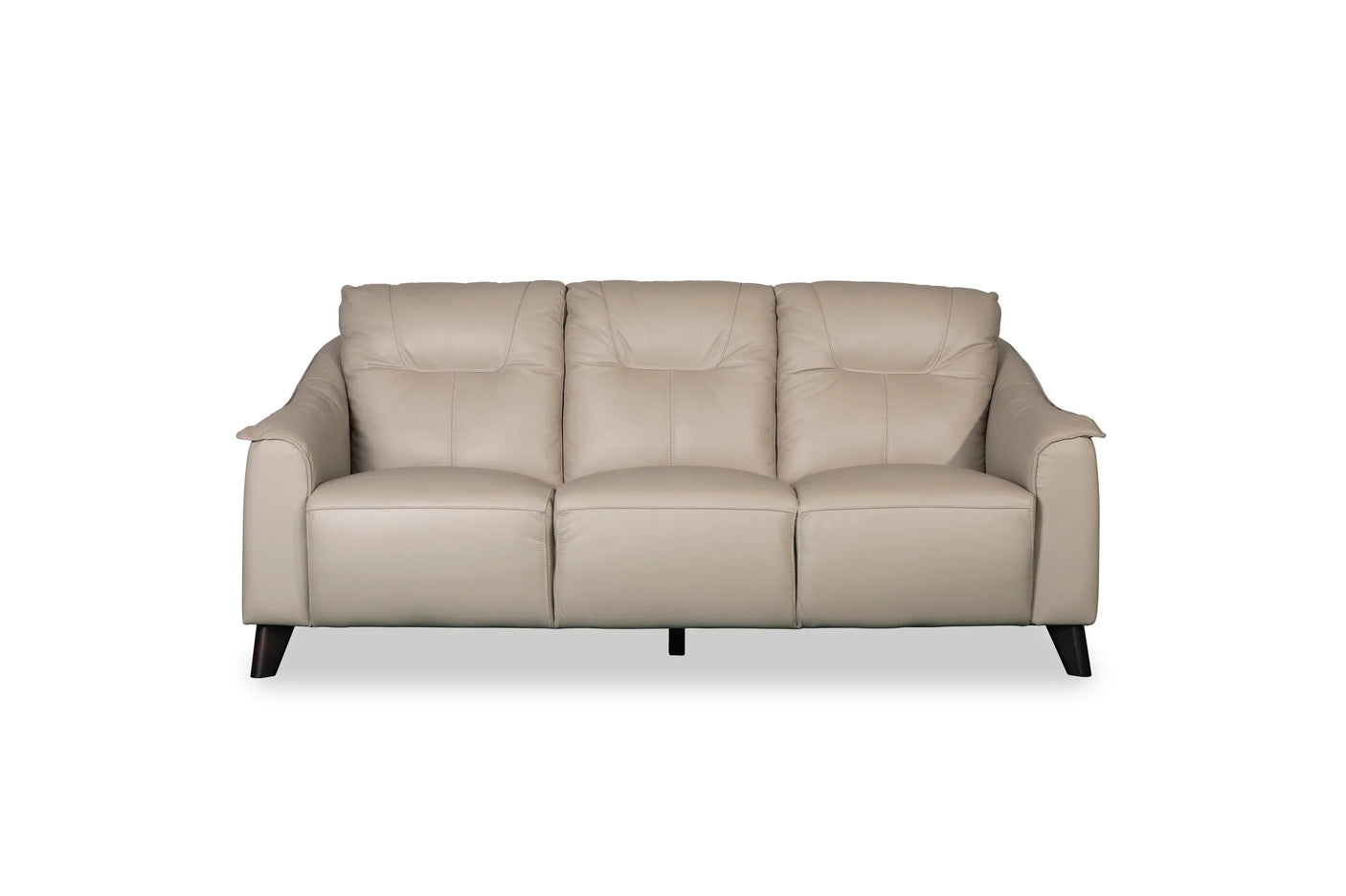 Beige leather three seater sofa with padded backrest and angled wood legs, front view