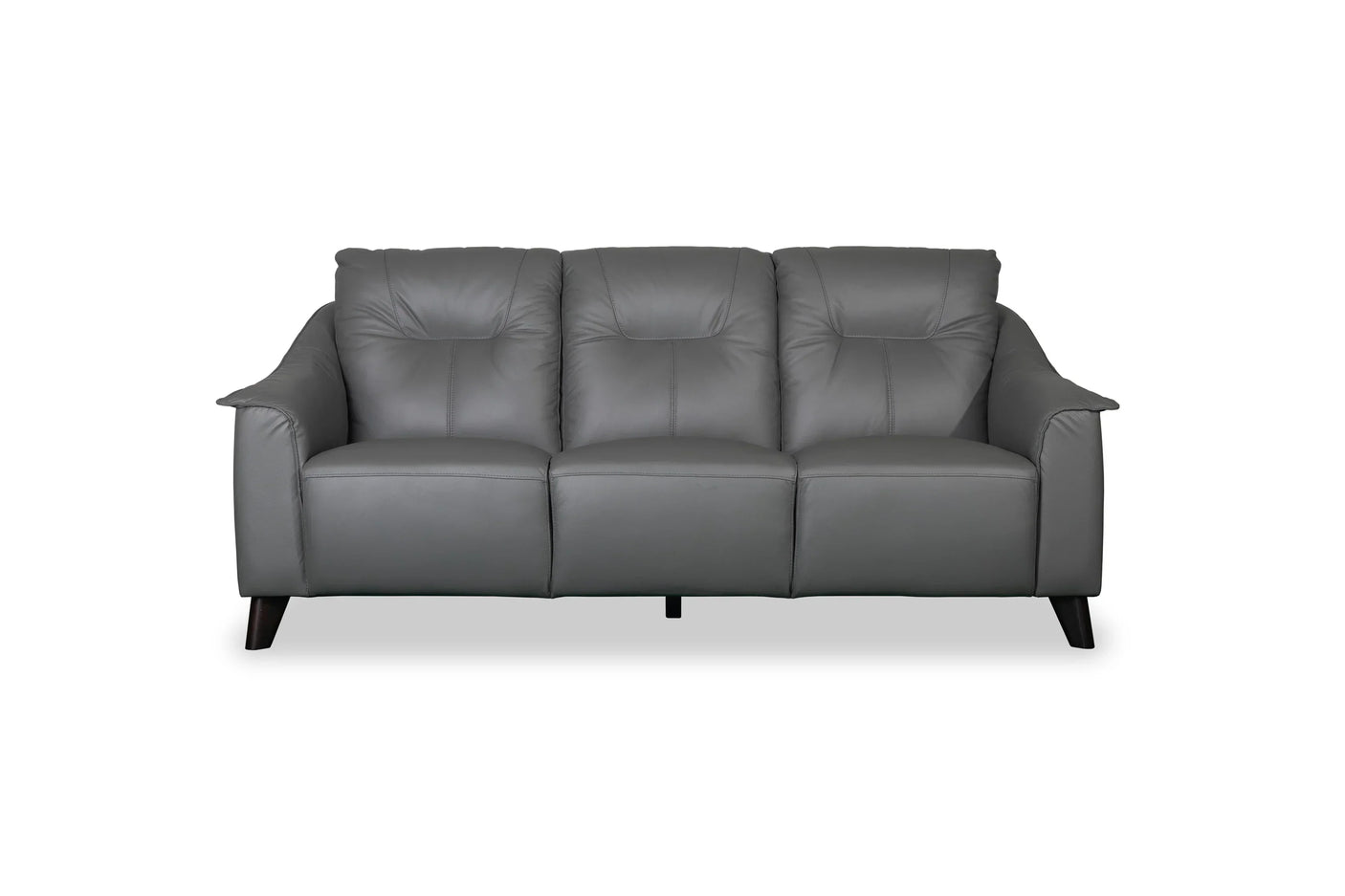 Grey leather sofa with three seats and cushioned backrest on dark wooden legs