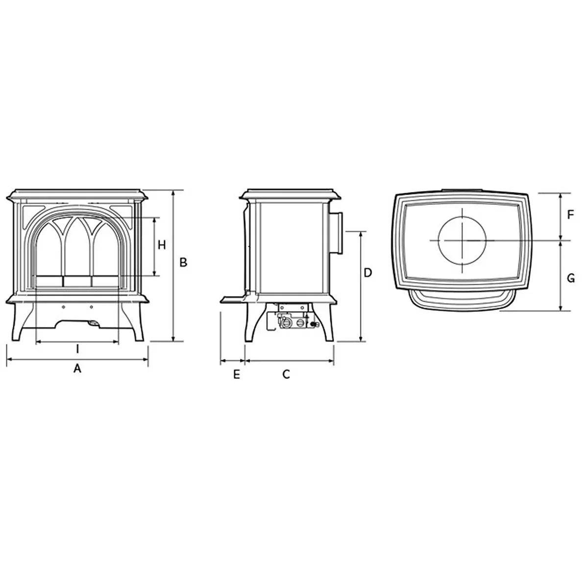 wood burning stove technical drawing front side and top view with measurements