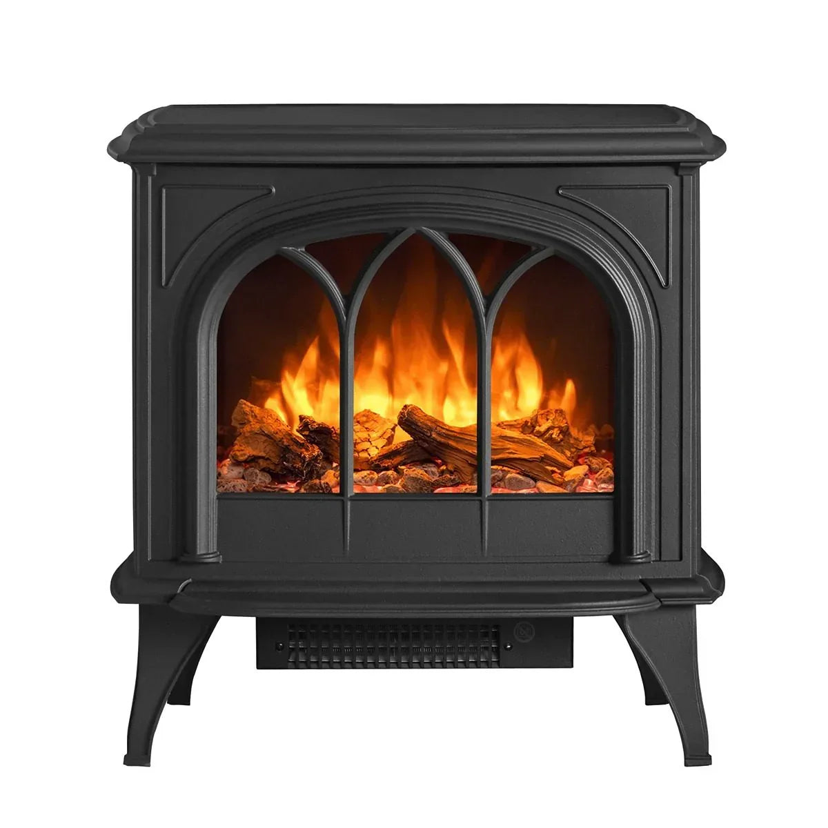 Black electric wood burner stove heater with arched window and realistic flame effect