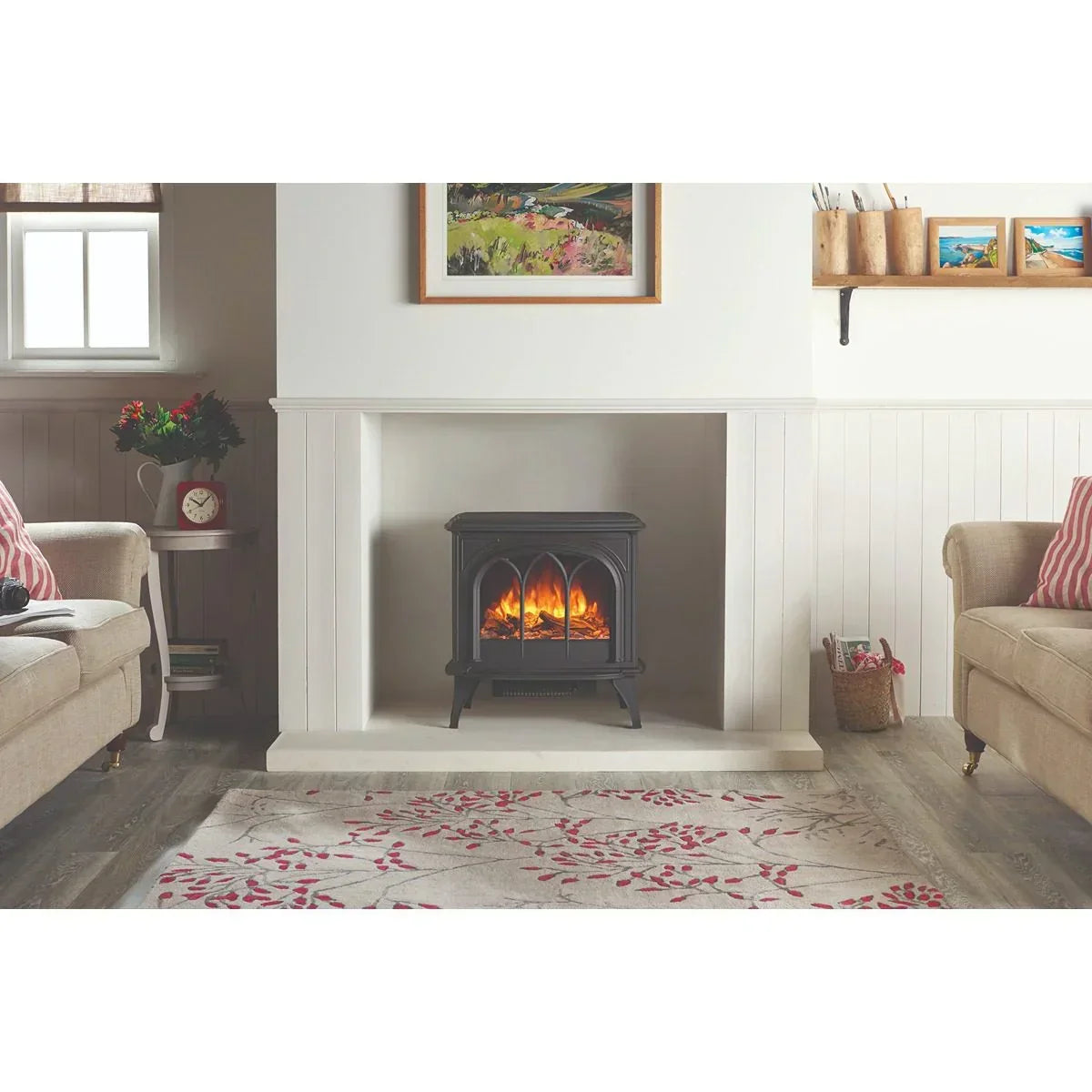 Black electric stove heater with flame effect in modern living room fireplace setting