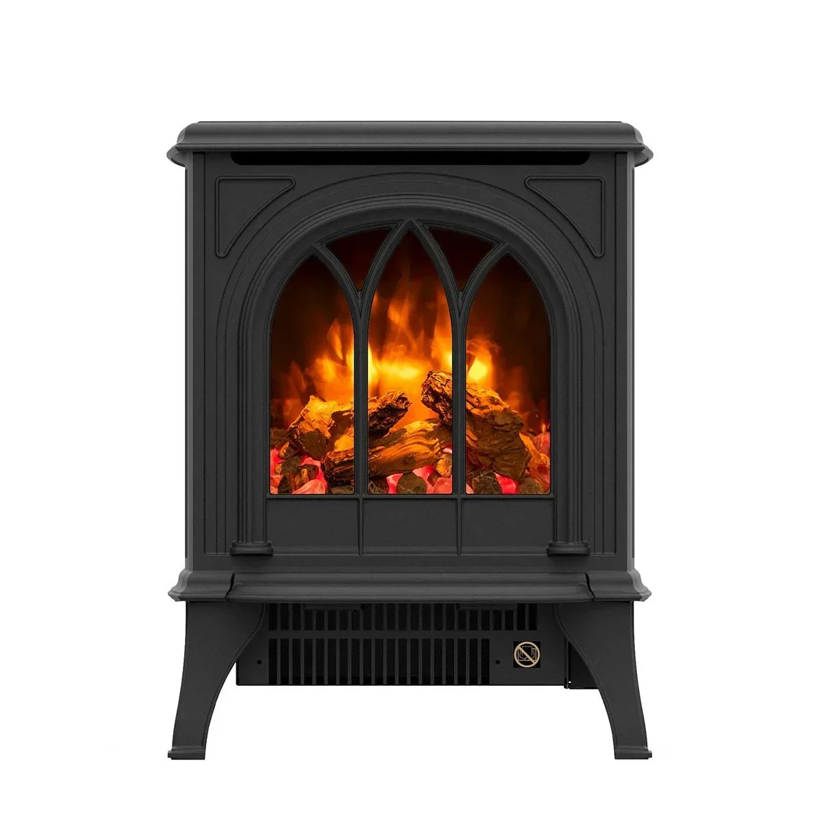 Black electric stove heater with arched window and realistic flame effect front view