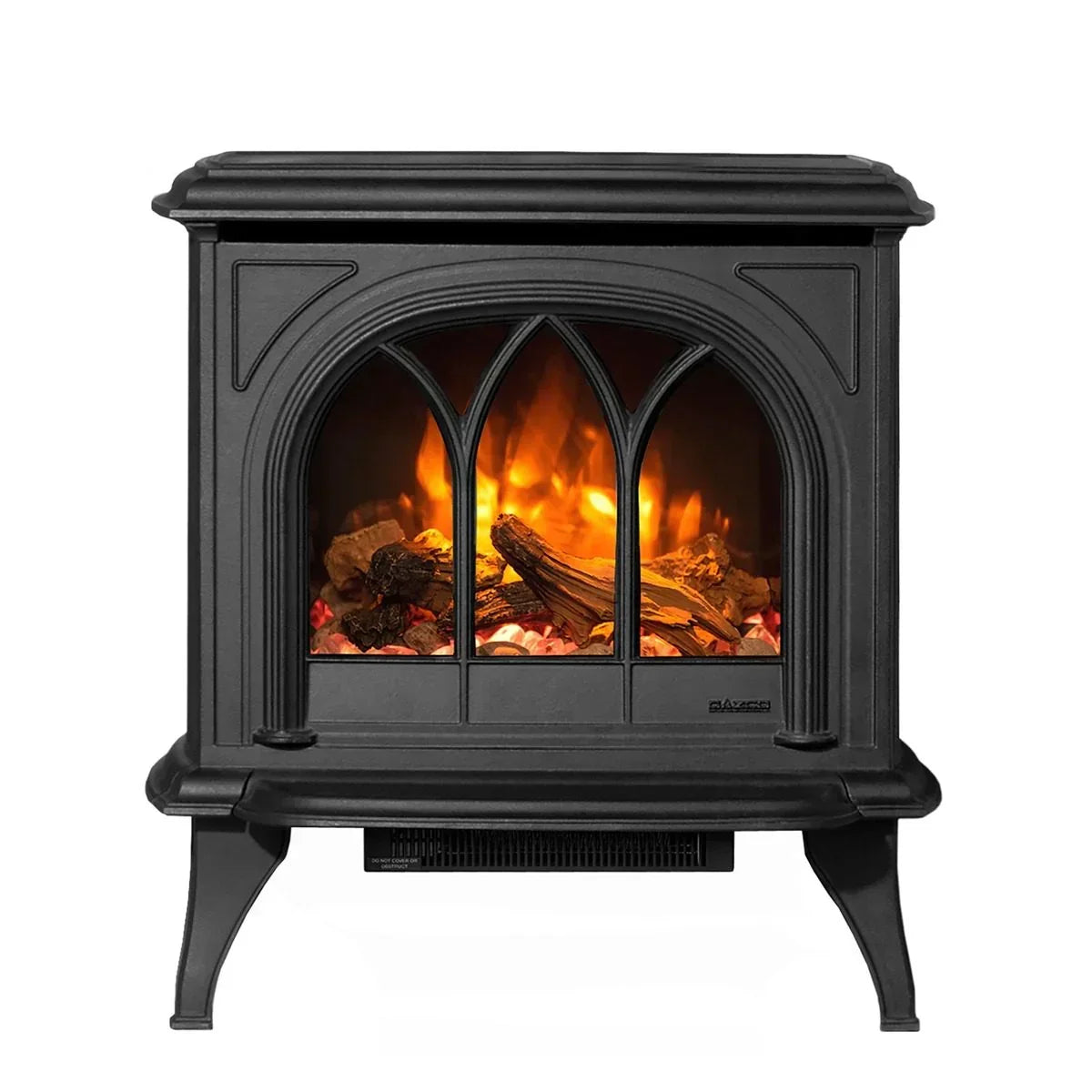 black electric stove heater with realistic flame and log effect front view