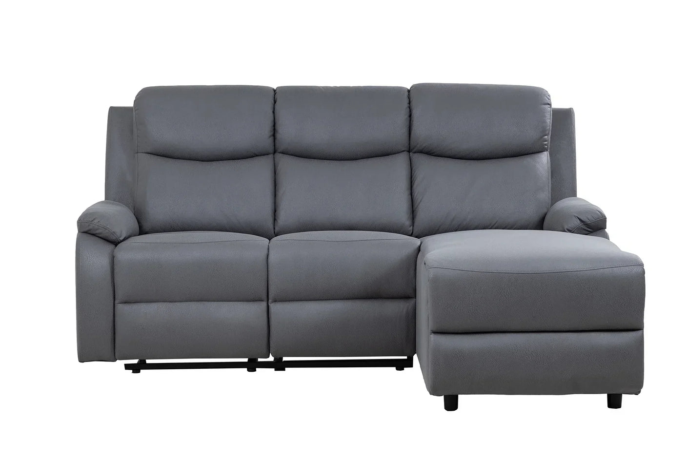 Grey corner sofa with chaise lounge and padded backrest, front view