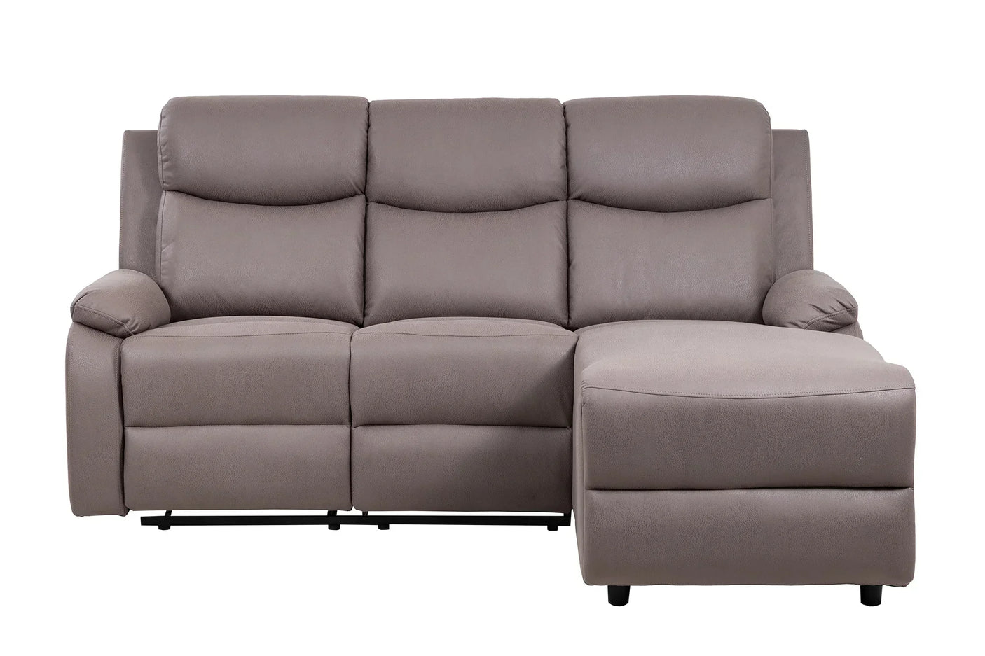 Grey fabric corner sofa with chaise and padded armrests front view