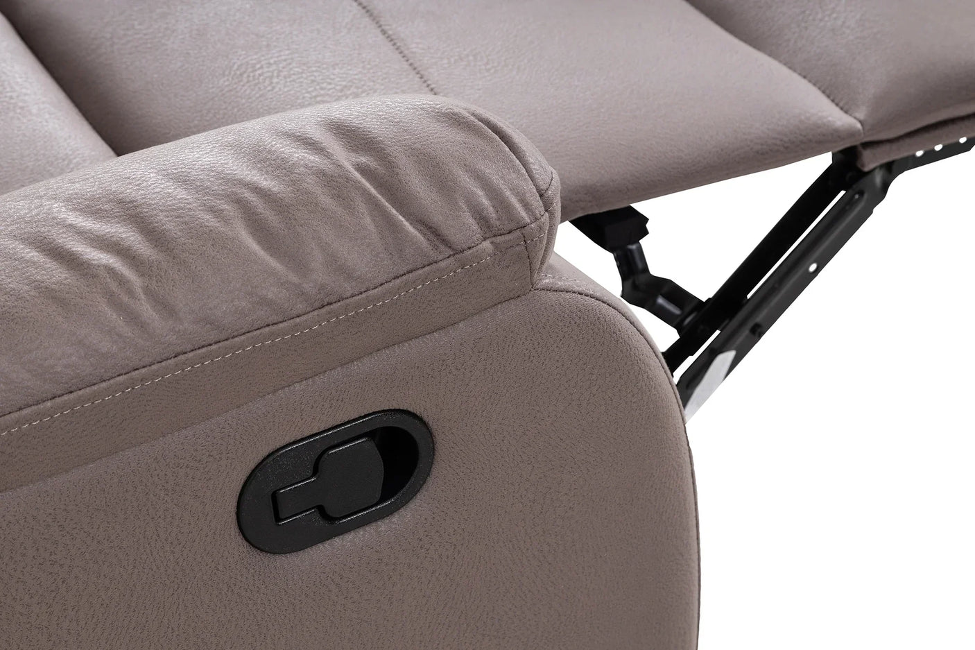 Taupe fabric recliner chair arm with lever and visible reclining mechanism close up