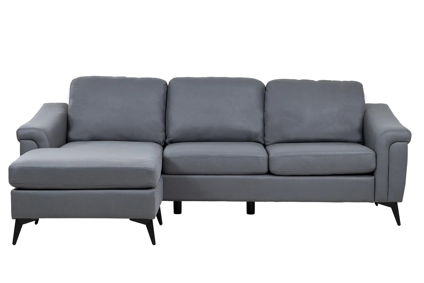 Grey corner sofa with chaise lounge and black legs, modern upholstered seating furniture