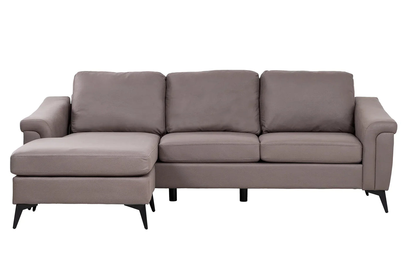 Grey fabric corner sofa with chaise and slim black legs, front view