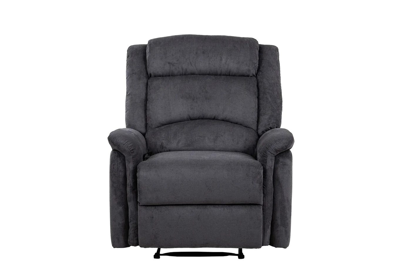 Charcoal grey recliner armchair with padded seat, backrest and armrests front view