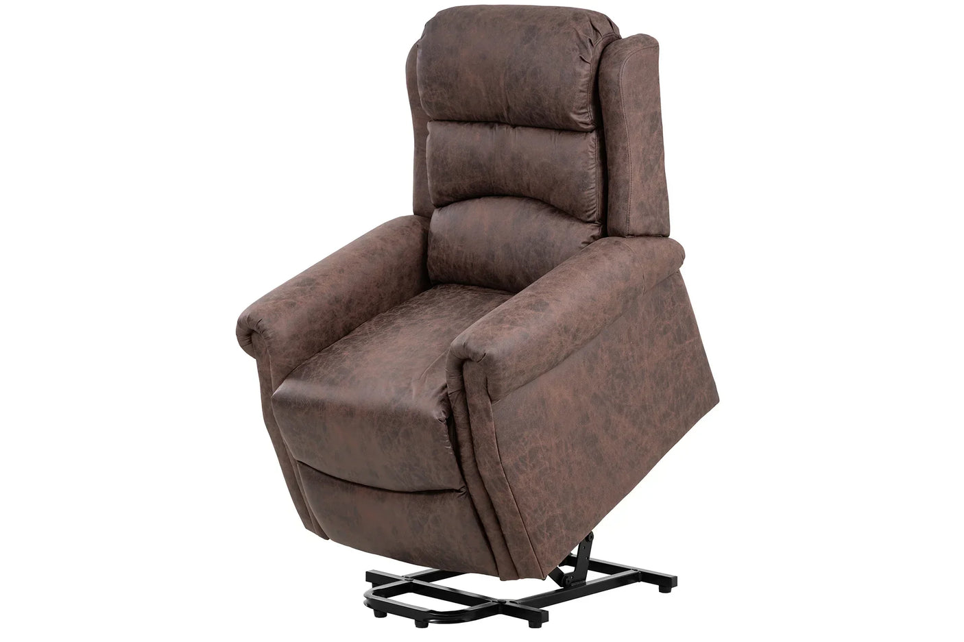 Brown leather lift recliner chair with padded backrest and armrests, angled lift mechanism