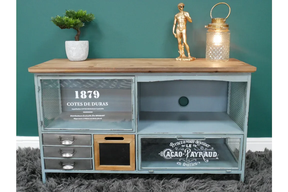 Industrial sideboard with wood top, metal drawers, glass doors and vintage typography