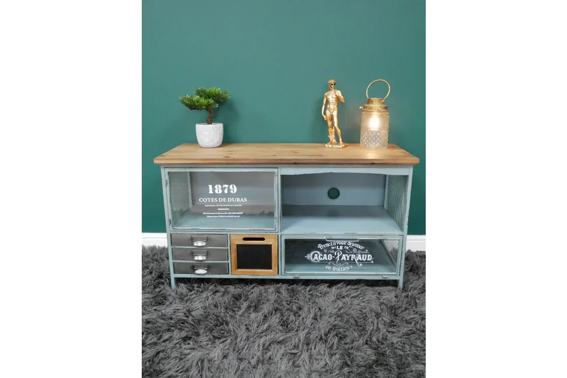 Industrial TV unit with wooden top, metal drawers, decorative print and open shelving