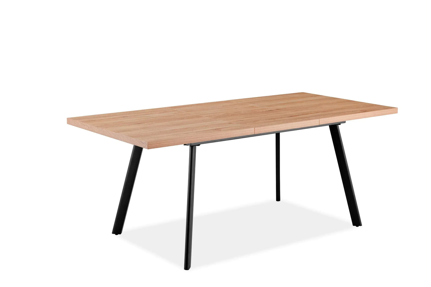 Rectangular oak dining table with slim black metal legs, angled front view on white background