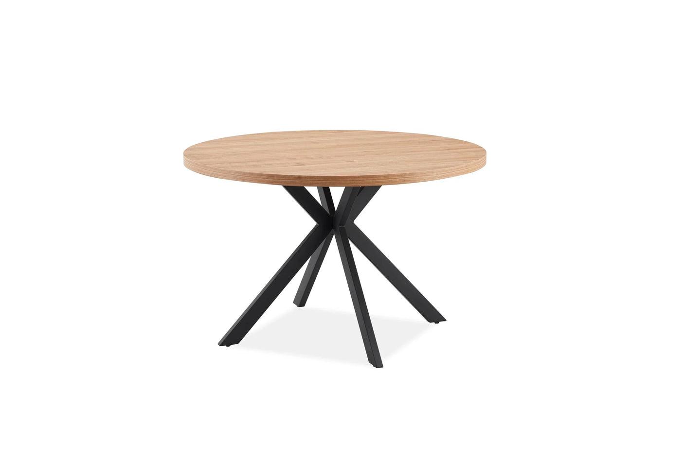 Round oak dining table with black cross metal legs on white background