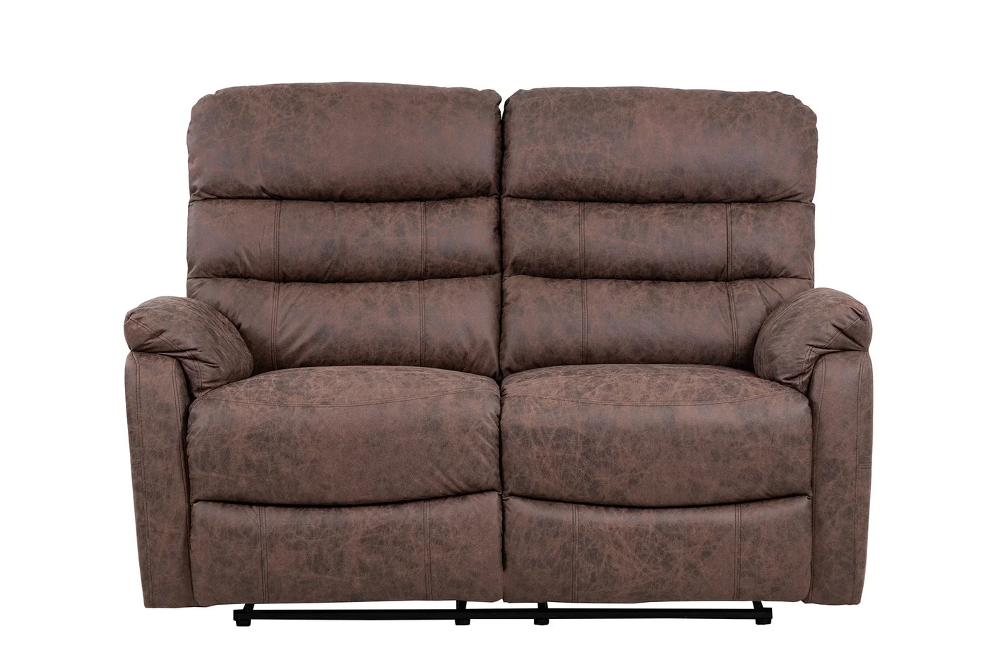 Brown leather recliner sofa with padded armrests and backrest, front view
