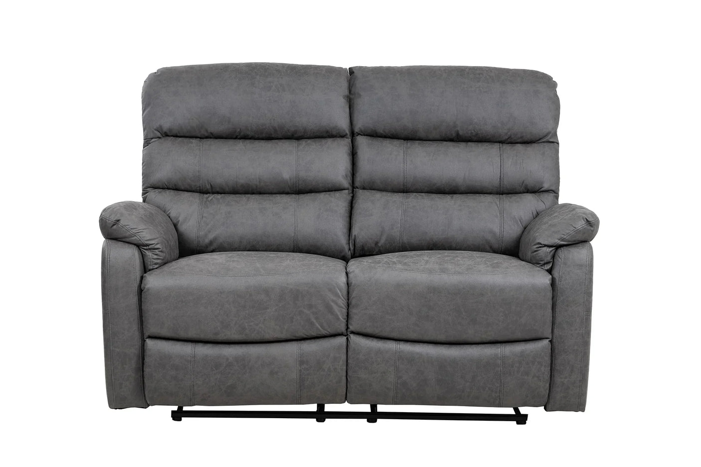 Grey fabric reclining two seater sofa with padded arms and high backrest, front view