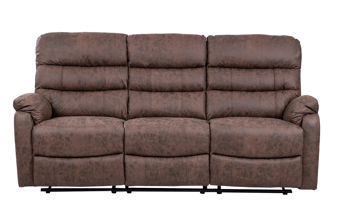 Brown three seater recliner sofa with padded armrests and plush seat cushions front view