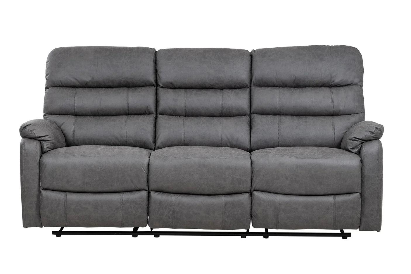 Grey three seater recliner sofa with padded arms and cushioned backrest, front view