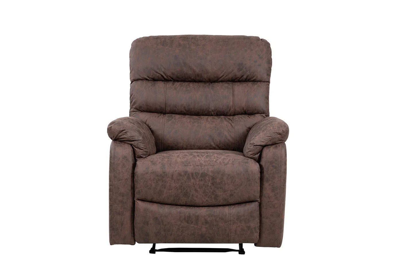 Brown leather recliner armchair with padded backrest and armrests, front facing view