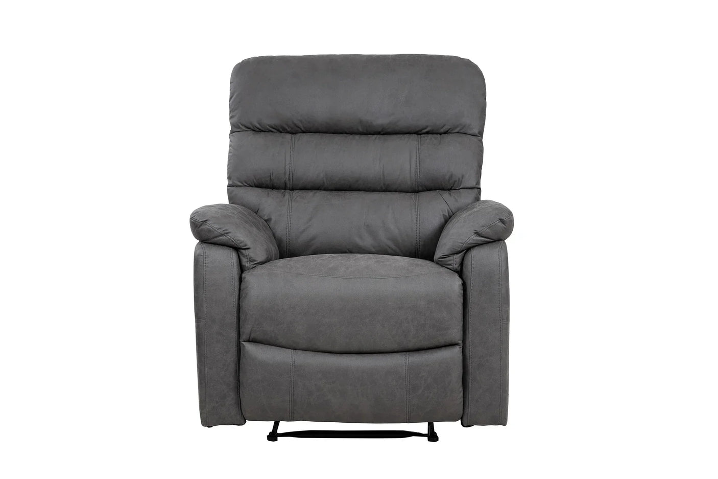 Grey fabric recliner chair with padded seat and arms, front view