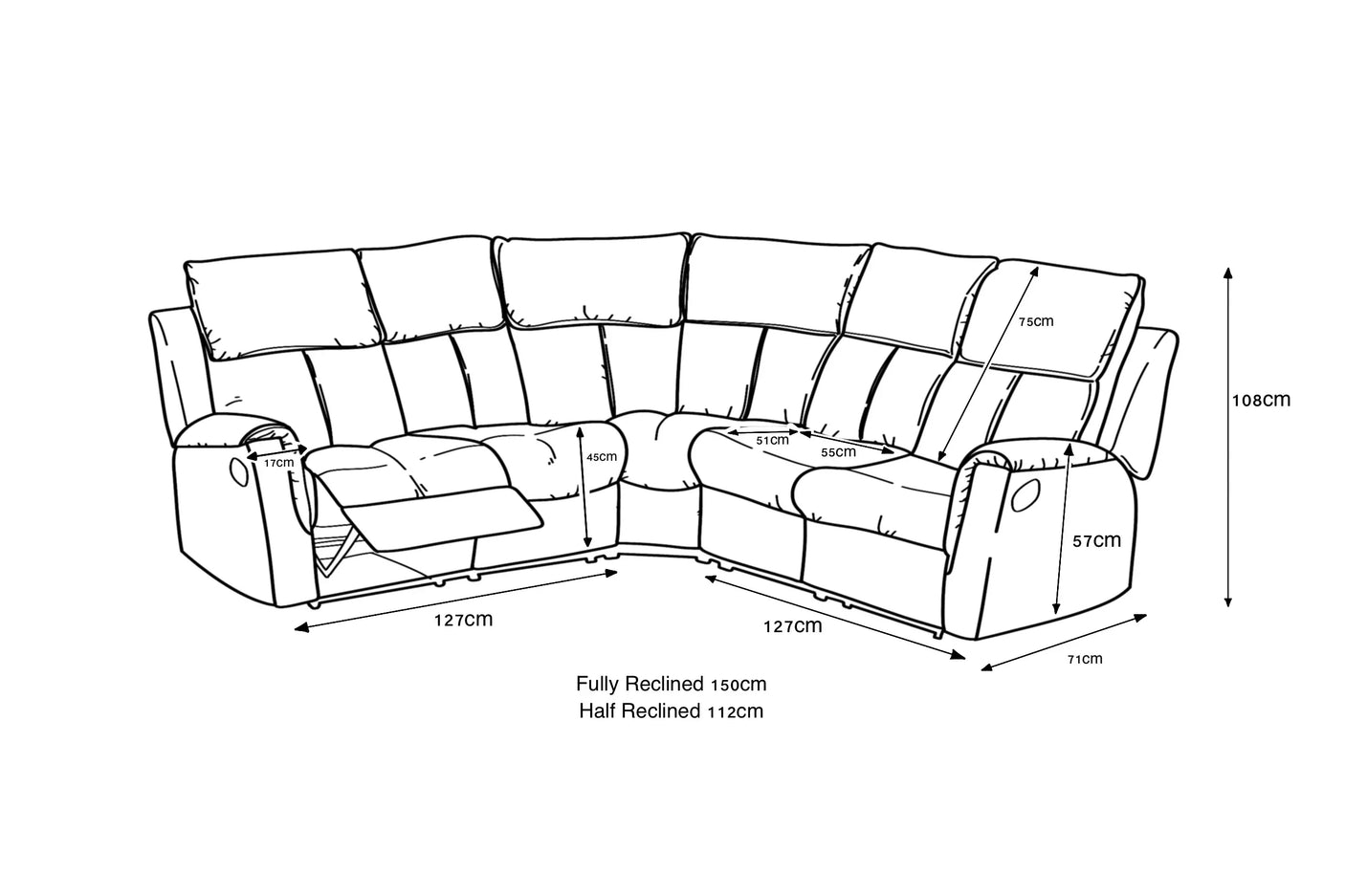 Corner recliner sofa with dimensions marked, showing seat depth, height, and recline length