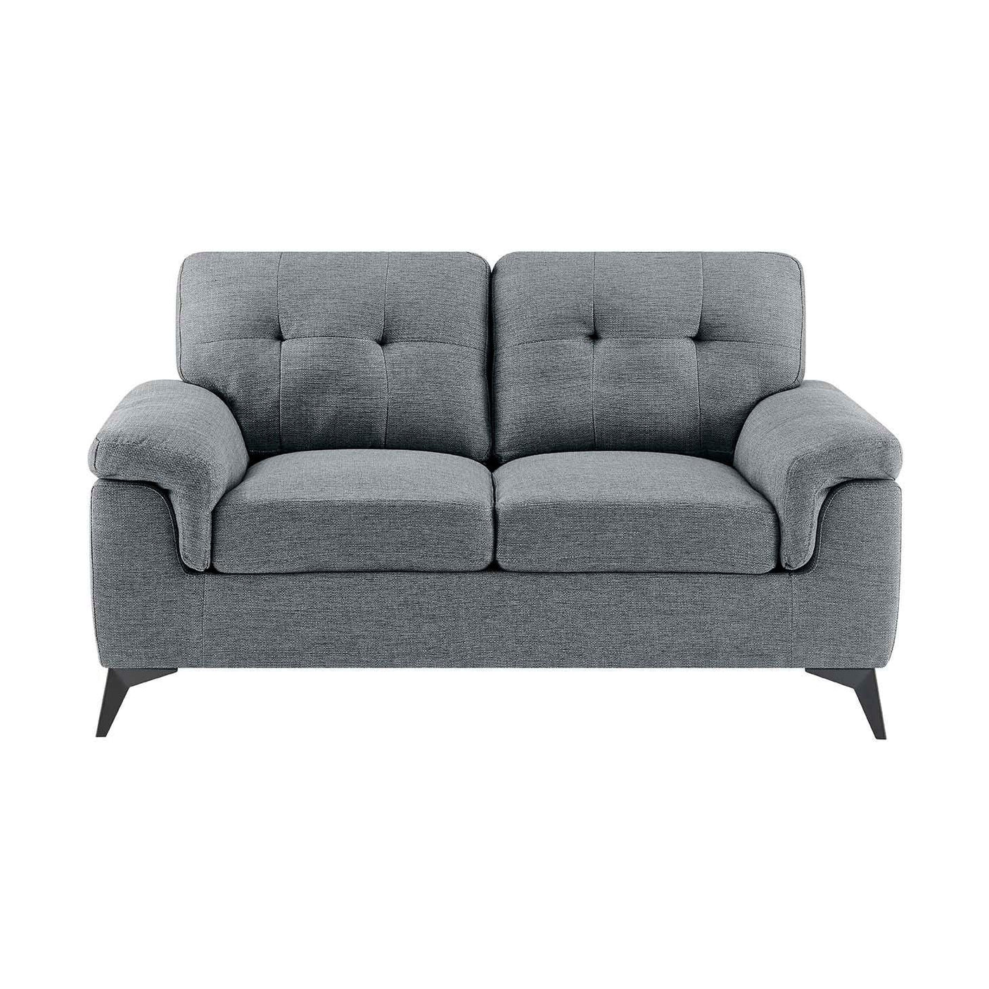 Grey fabric two seater sofa with tufted backrest and angled black legs, front view