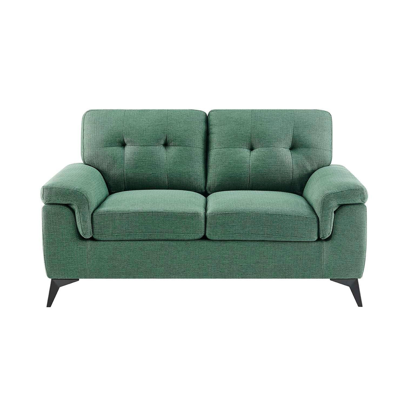 Green fabric sofa with tufted backrest and angled black legs, front view