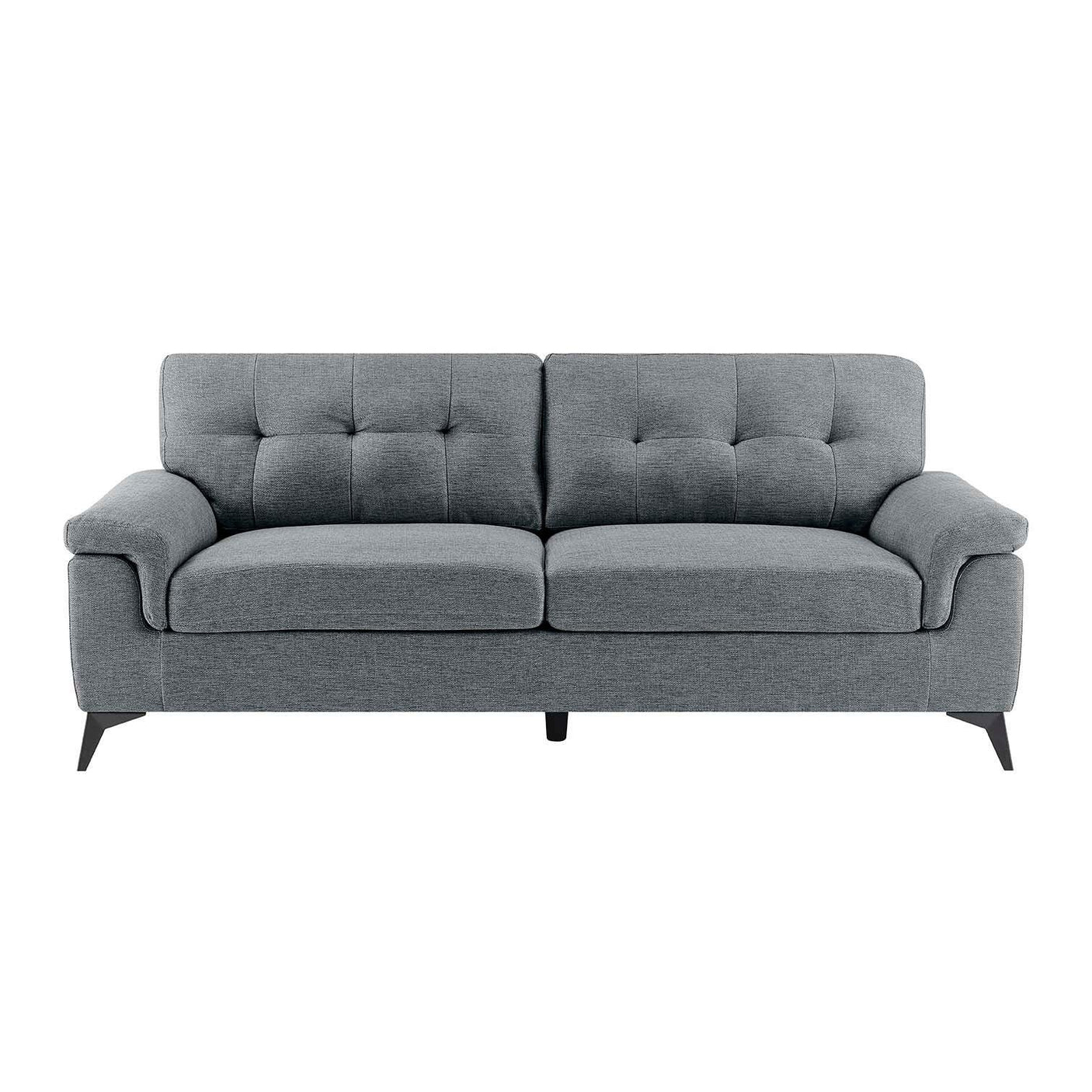 Grey fabric sofa with tufted backrest and angled black legs, front view