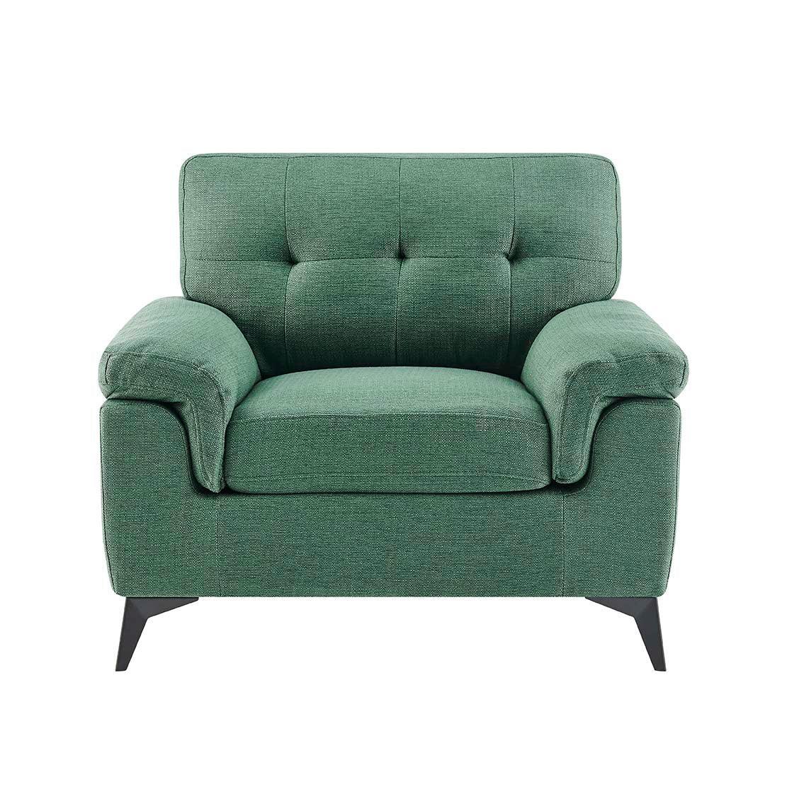 Green fabric armchair with cushioned seat, angled black legs and tufted backrest, front view