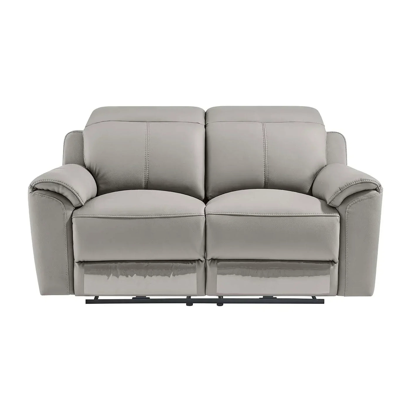 Light grey leather reclining sofa with padded arms and stitched detail front view