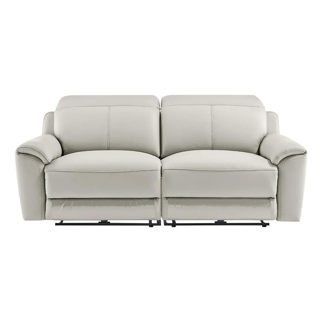 Light grey leather recliner sofa with padded arms and seat, front view