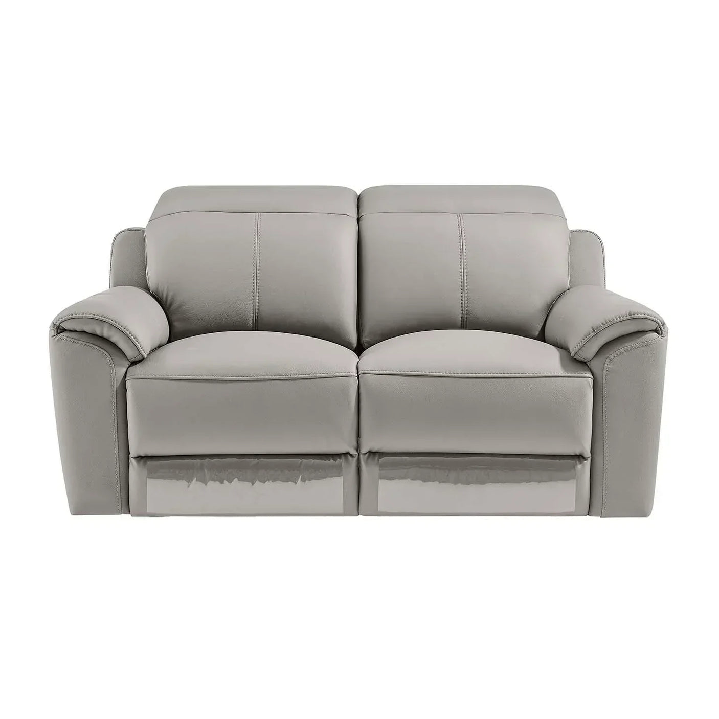 Grey leather recliner sofa with padded armrests and stitching, front view