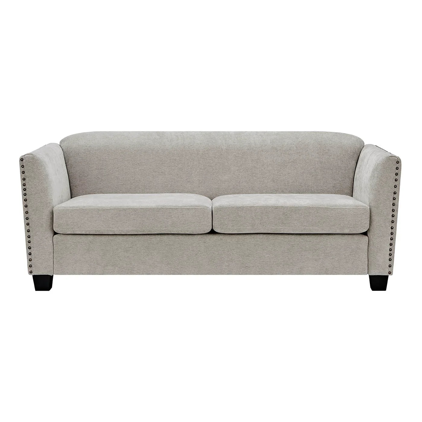 Light grey fabric sofa with studded arms and two seat cushions, front view